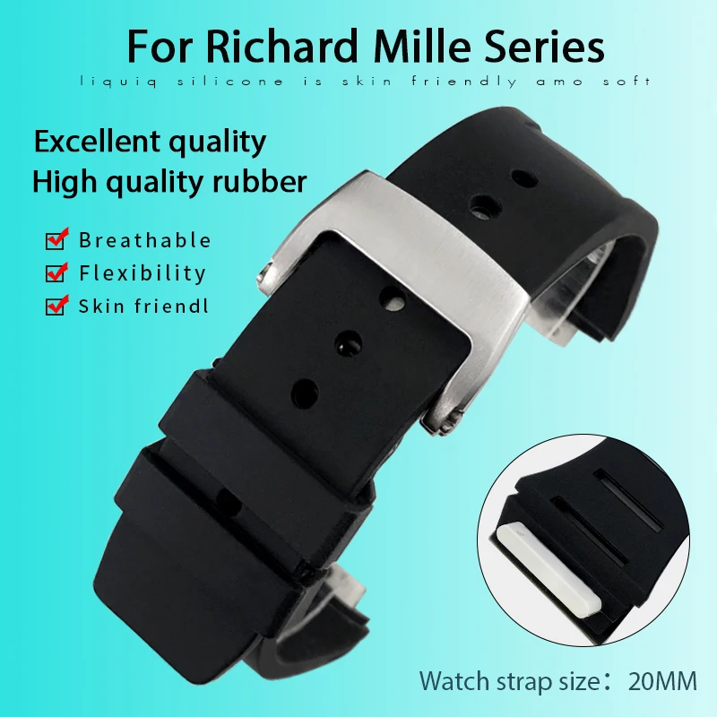20 mm vysokokvalitné gumové hodinky Fit for Richard Mille Black Blue červená zelená žltá šedá vodotesná silikónová hodinky remienok