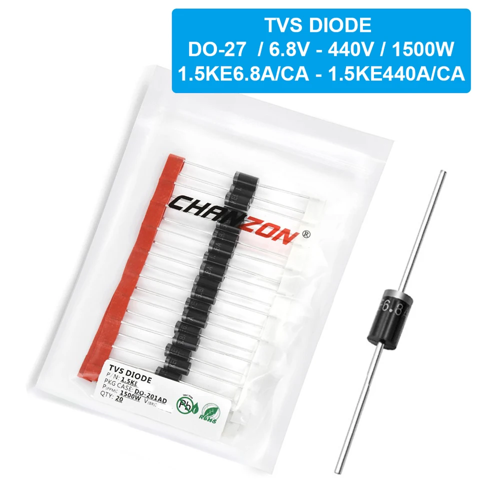 20 PCS TVS DIODE DO-27 1500W 6,8 V 12V 15V 18V 24V 33V 36V 200V 250V 400V 440V 1,5KE 6,8A 12A 15A 18A 24A 33A 36A 200A