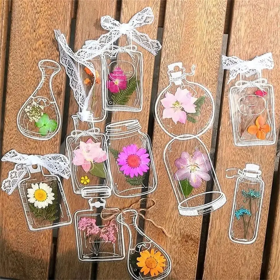20 počítačov kvetinové stránky Clipy Čítanie známka Transparentné sušené kvetinové záložky Glassware Tvar záložiek nálepky Herbarium Bookmark