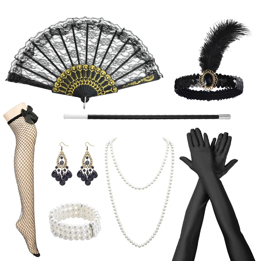 20. storočia maškaráda Party doplnky Ženy Great Gatsby Party zliatina zliatiny čelenka perla náhrdelník s dlhým dymovým prútom rukavice sada rukavíc