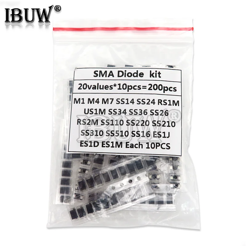 20 Value*10ks = 200ks SMD Diódová súprava Diódy Obsahuje SS110 SS220 SS210 SS310 SS510 SS16 SS26 SS34 SS36 ES1J ES1D M7 M4 US1M