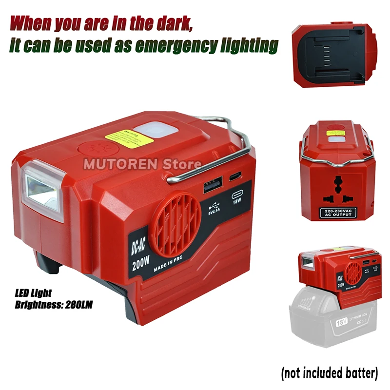 200 W prenosný invertor napájania 120V/220V Outdoor Mobile Littium Battery Inverter s LED svetlom pre Milwauke 18V Li-ion batériu