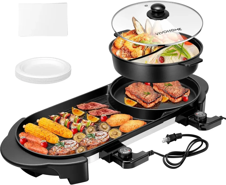 2000 W elektrický hrniec s grilom, odnímateľný Shabu-Shabu Pot W/Non-Stick Pekáva panvica, samostatná teplota regulation 2-in-1 hotpot