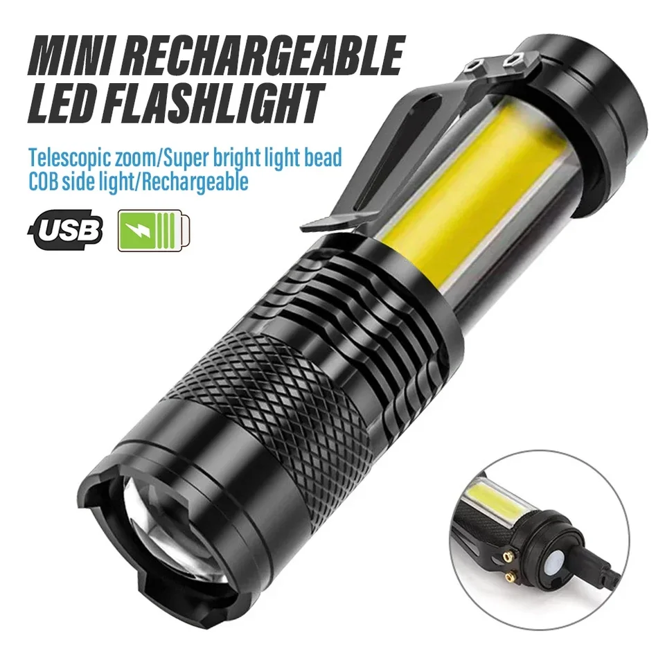 2000LM Mini baterky Vstavané nabíjanie USB nabíjanie LED Flash Light Cob Zoomable Nepložité taktické toRCh Lamp Lancers Lucerna