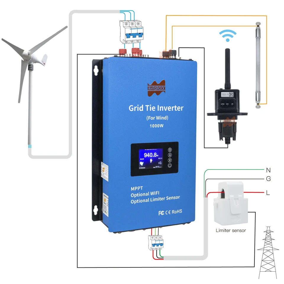 2000W Inverter s mriežkovým viazaním vetra s meničom Smart WiFi Grid-Tie DC48V na AC230V s funkciou obmedzovača pre generátor vetra