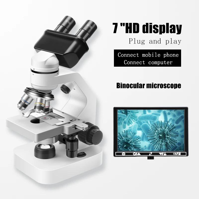 2000x Biologické laboratórium Binokulárny biologický mikroskop, 7 -palcová inteligentná obrazovka sa môže pripojiť k mobilným telefónom a počítačom