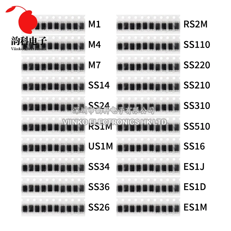 200ks/LOT SMD Diódová súprava s rôznou súpravou M1 M4 M7 SS14 SS24 SS34 SS210 SS510 RS1M US1M ES1M 20VALUESXXEXXEXXECTS ELEKTRONICS SMA SMA DIODE
