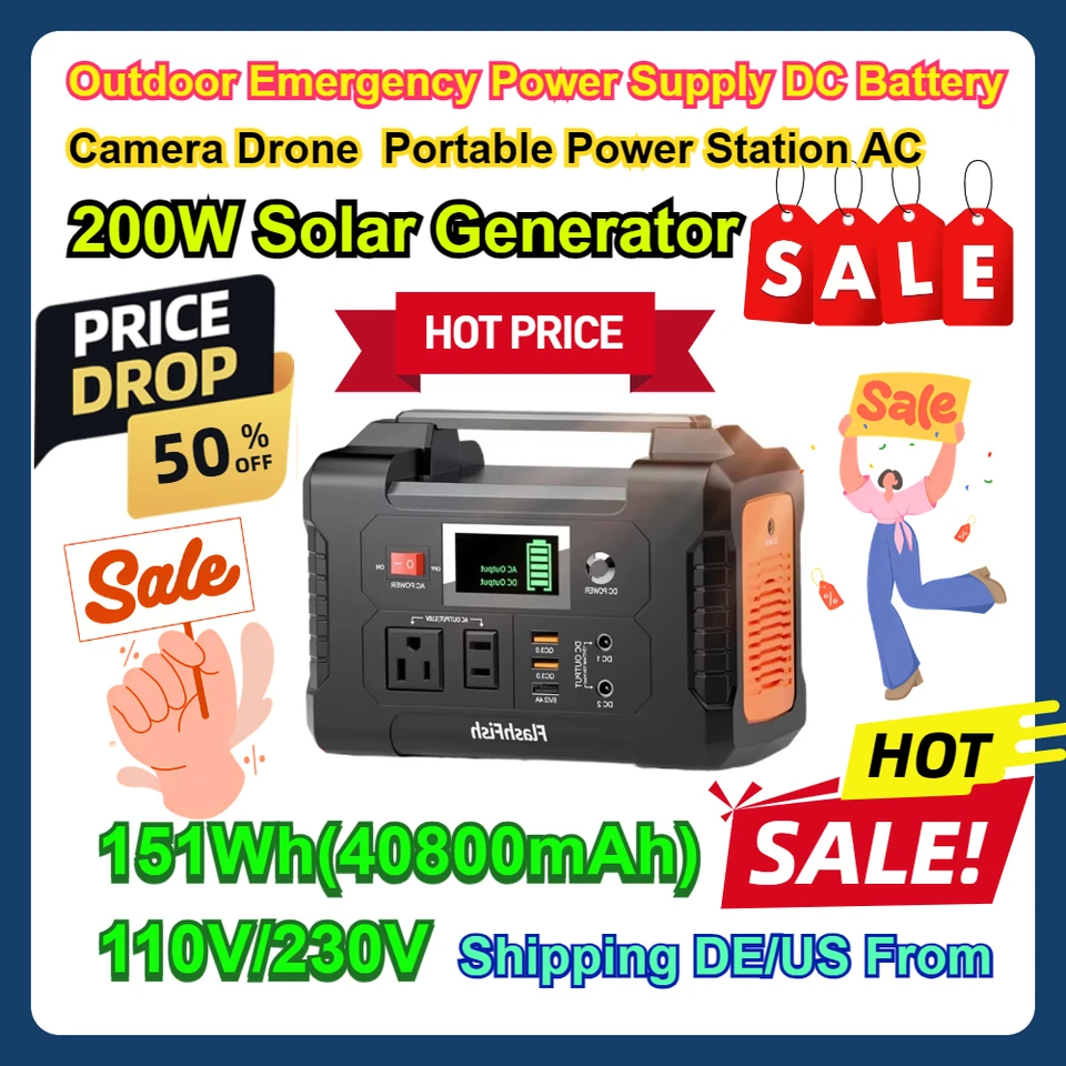 200W solárny generátor 110V/230V Outdoor Núdzový napájanie DC DC Fotoaparát DRON DRON 151WH (40800 mAh) Prenosná elektráreň AC