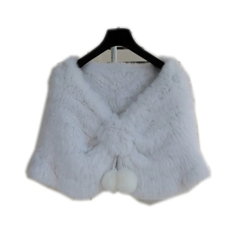 2019 Nová vysoko kvalitná preprava zdarma Prírodná králičie kožušina Krátke rukávy, Skutočné králičie kožušinové pletené šaty Cape Bride Dress Fur Shawl