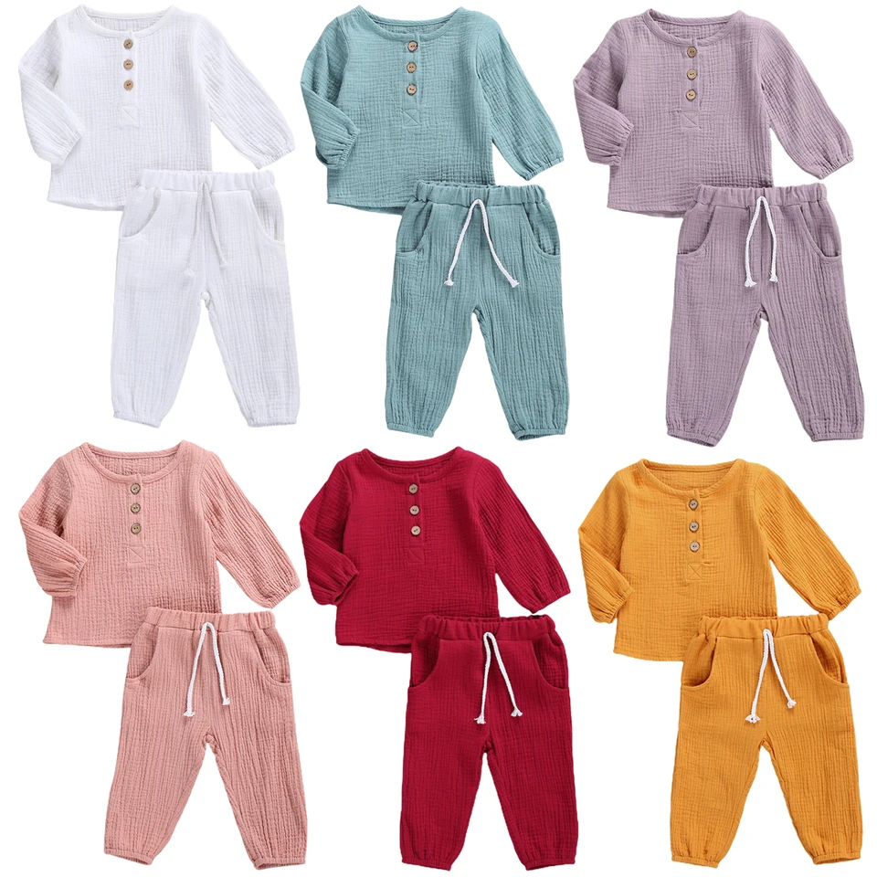 2020 0-5Y Kojenecké detské bavlnené ľanové oblečenie Jeseň New Boys Girls Girl Girl Gomget Long Ruckve Tričko Top+dlhé nohavice Solid 2ks