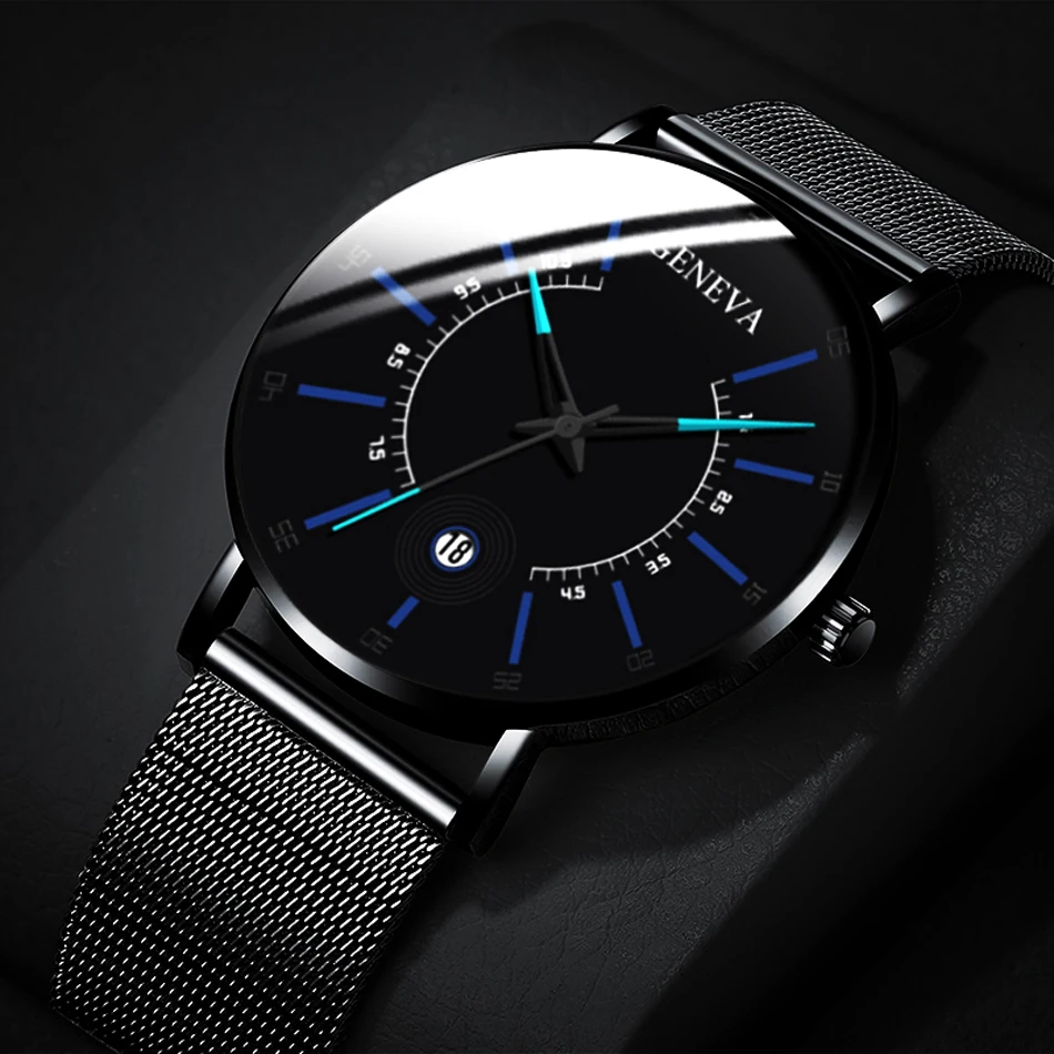 2020 Men Watches Ultra Think Business Minimalistické hodinky Geneva Balck Steel Mesh Band Kalendar Quartz Watch Relogio Masculino