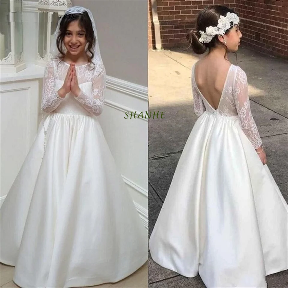 2021 Dievčatá Sprievodné šaty, ktoré sa nachádzajú s jedným krkom, čipky slonovinami A-Line Appless Girls First Communion Gowns