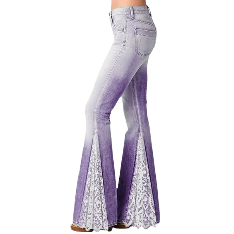 2021 Elegantné ženy Lace Patchwork Flare Pants Imitácia Denim High Waist Bell Bottom Ruffle Tousers Office Lady Streetwear 4xl 5xl