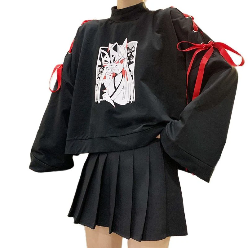 2021 Nové letné dámske oblečenie anime líška tlačená kríž Ribbon lolita košeľa Bow ponožky harajuku jarná čierna top sukňa