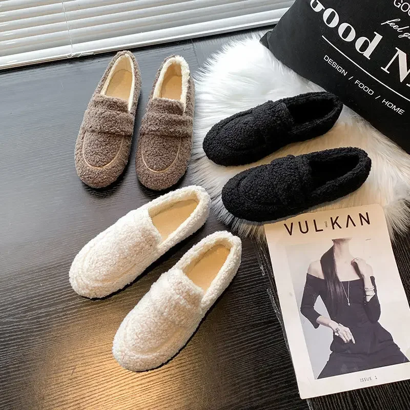 2022 Luxusné lambwool bavlnené topánky Ženy zimné teplé kožušiny Príležitostné byty skĺznuté na jeseň mokasíny Myer