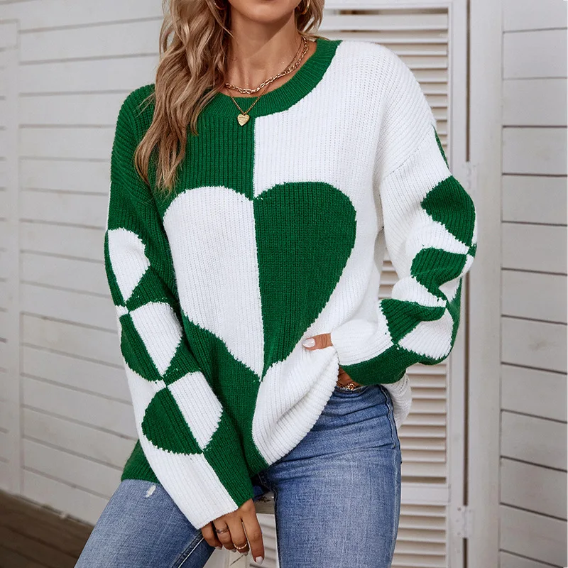 2022 NOVÝ OKLNÝ SRDCE SRDCETKÝ SVETOVÝ SVELL ŽENY PULVOVER Knitwear Kórejský štýl Kawaii Jumper Winter Casuals Green Tops
