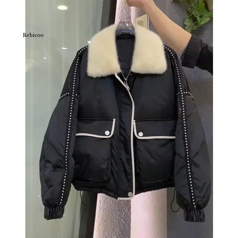 2022 Zimné ženy Vintage dlhé rukávy Odbočenie golierových odevov Streetwear Coat Wimen Kórejský štýl Patchwork zips Parkas