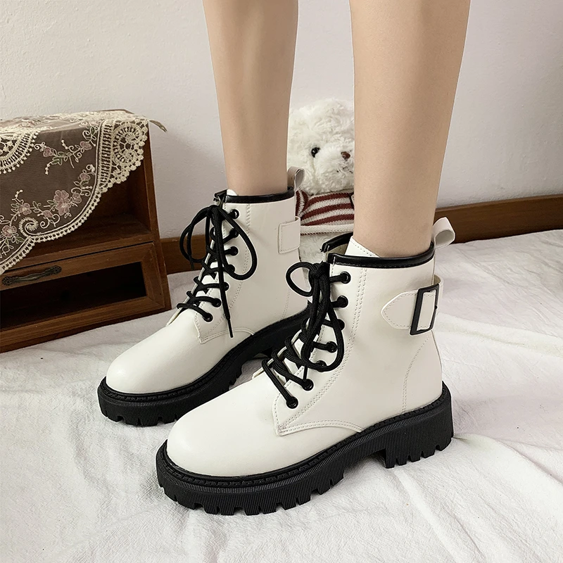 2023 bočné zipsové dámske topánky členky Dámske topánky Platforma Moderné topánky Ženy Buck Buckle Round Toe Lace-Up Square päty topánky Ženy