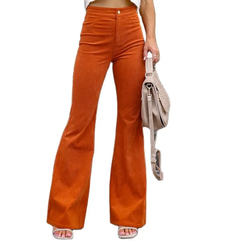 2023 Corduroy Casual Pohybky Ženy na jeseň zima s pevným pásom s vysokým pásom ervové nohavice Lady Slim Black Grey Khaki Orange Long Pants
