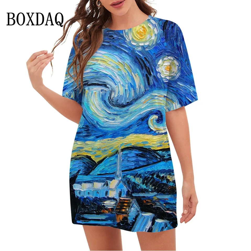2023 Dámske šaty Nové umenie Van Gogh The Starry Night 3D tlačené nadmerné šaty s krátkym rukávom O-krk voľné letné vintage oblečenie