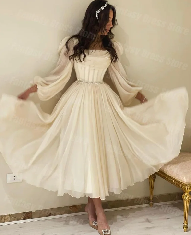 2023 Elegantný biely indický štvorcový krk s dlhým rukávom A-line šaty Prom Pleated Chiffon Crystal Formálne večerné šaty
