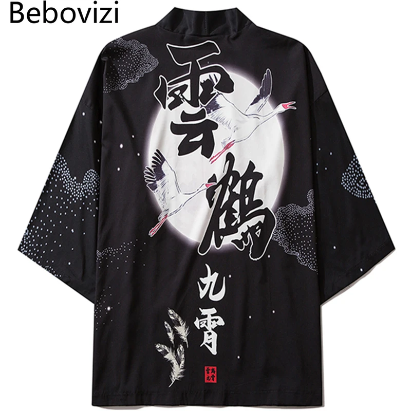 2023 Harajuku Crane Print Asian Clothing Japonský štýl Tradičné kimono letné pláže Men ženy Haori Obi