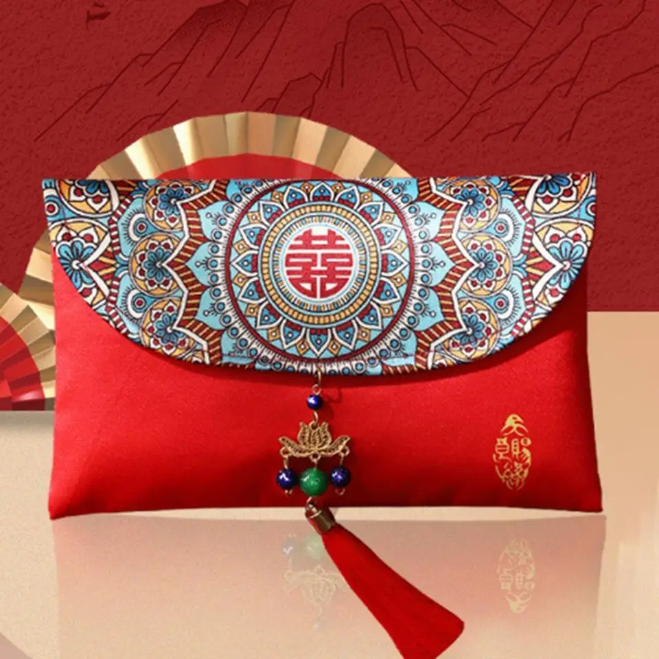 2023 Hongbao Tradičné čínske svadobné oznámenia vrecko Faux hodváb Festive Nový rok Červená obálka Lucky Money Bag
