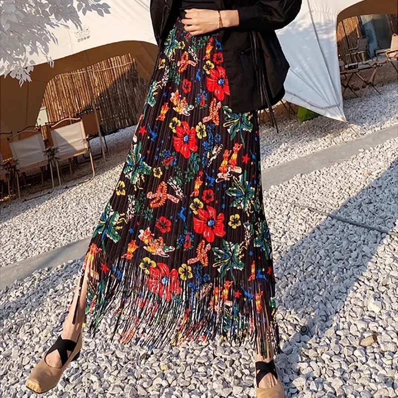 2023 jarné leto Sanzhai Preated Fringe Flower Half Dress Loose Roupe Retro Port Style Slimming Dlhá sukňa Tide Woman Obliekanie