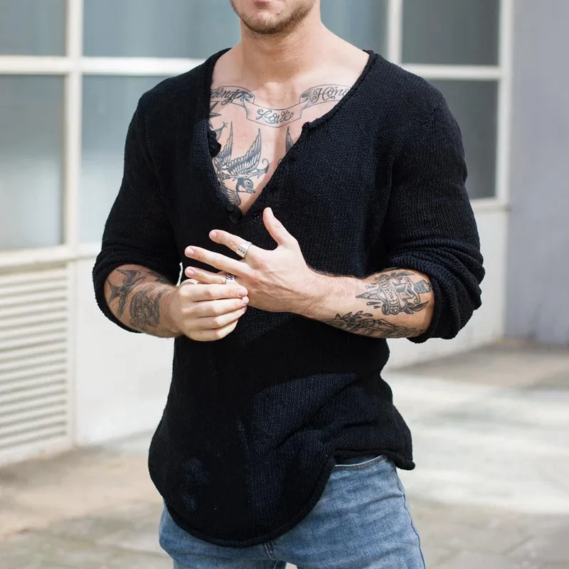 2023 jarný dlhý rukáv V krk štíhly príležitostný pullover vrcholy muži vintage masívne farebné pletenie tričká Pánske módne odpaliská streetwear
