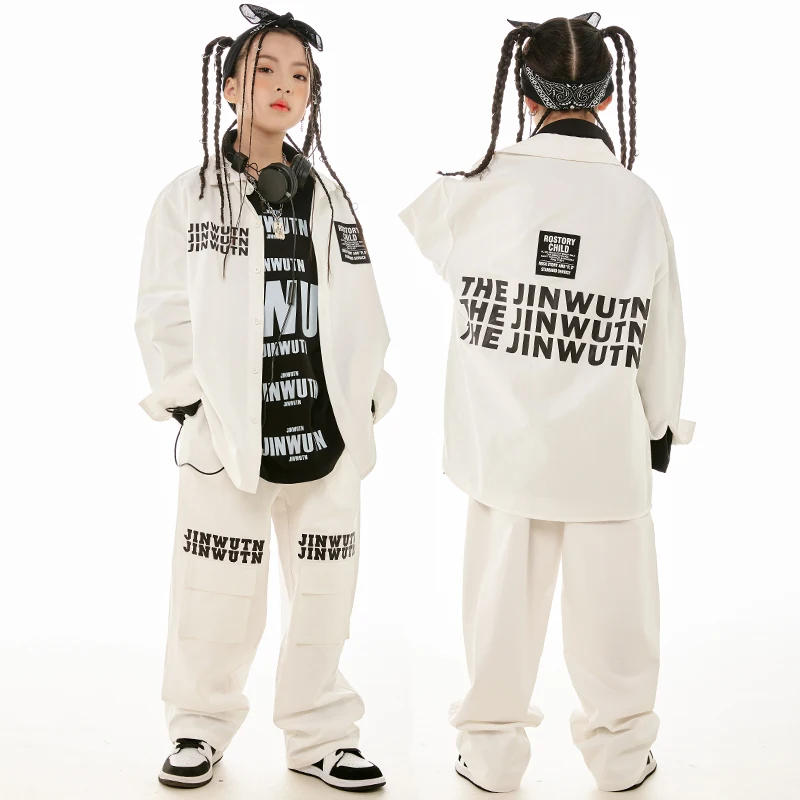 2023 Kids Hip Hop Clothes Girls Jazz Dance Costume White Coat Panty Loose Long Ruckves Suit KPOP javisko Performance Wear BL11840