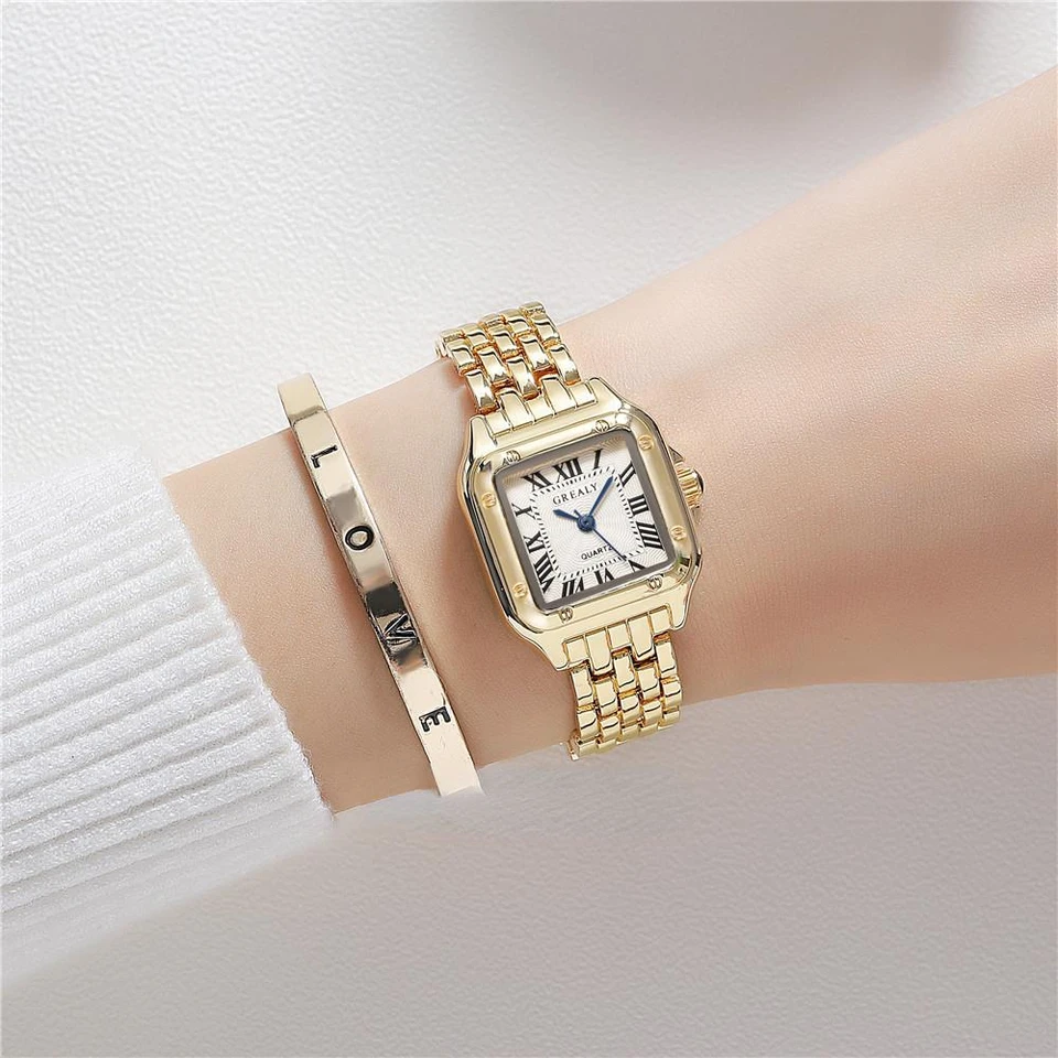 2023 Luxusné dámske módne hodinky Square Hodinky Zlato zliatina Strap Ladies Quartz Zápraky hodinky Kvality ženské rímske rozsahové hodiny