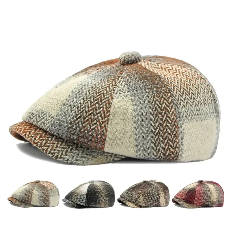 2023 Muži a ženy retro osemhranná čiapka Zhruba pletená pletená čiapka kačica jazyk maliar klobúk Plaid bejret Street Street Cap