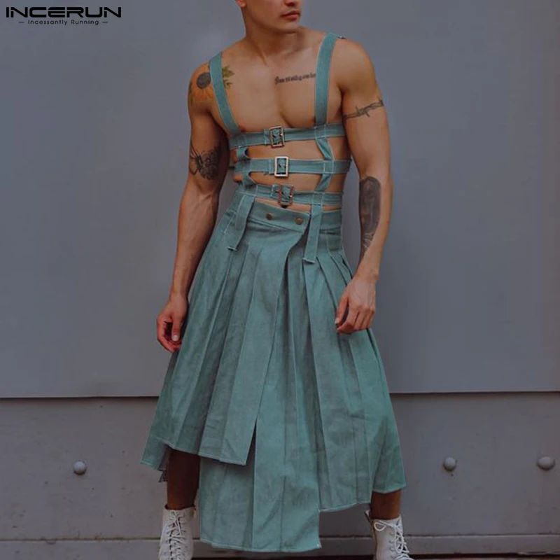 2023 Muži nepravidelné sukne kombinézy Slid Color Dutlow Out Pants Men Pants Streetwear Osobnosť Mužské sukne S-5XL Incerun