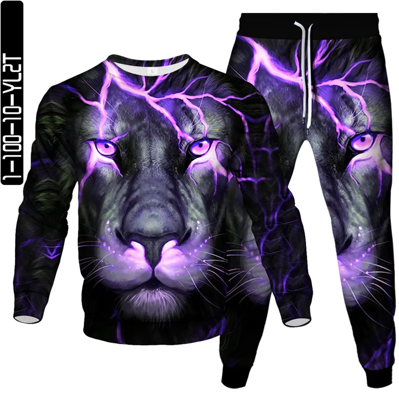 2023 módne mikiny nohavice Príležitostné ukazovatele 2 kusové obleky zvierací blesk Lion 3D tlač Men of Outtor Clothes Set Set S-6XL