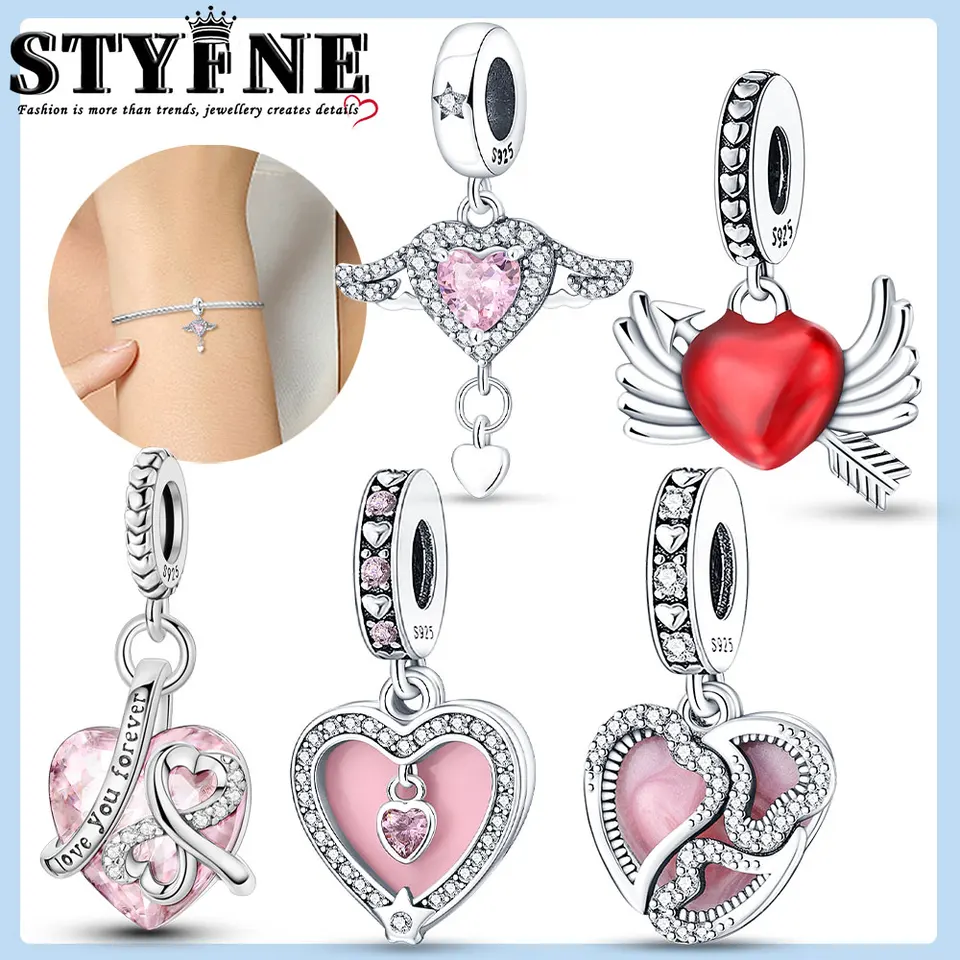 2023 NOVINKA 925 Sterling Silver Pink Love Elixír Murano Srdce Dangle Charm Pearl & visiaci zámok Fit náramky Náramky Náramky šperky