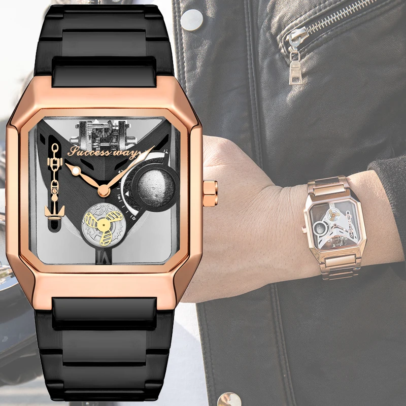 2023 Nové hodinky Square Unique Sport Mens Transparentné vytáčanie hodiniek Quartz Clock Man Watches Wristwatch