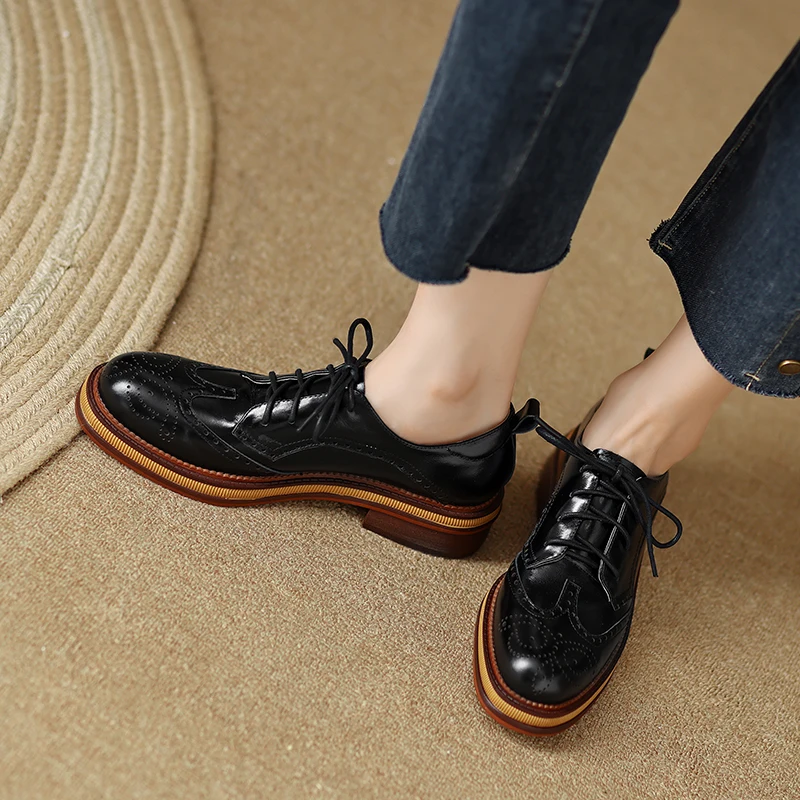 2023 Nové jarné dámske čerpadlá Prírodná koža 22-25 cm Vintage Cowhide + Pigskin + ovčie kože plné kožené mokasiniská dámske topánky Brogue