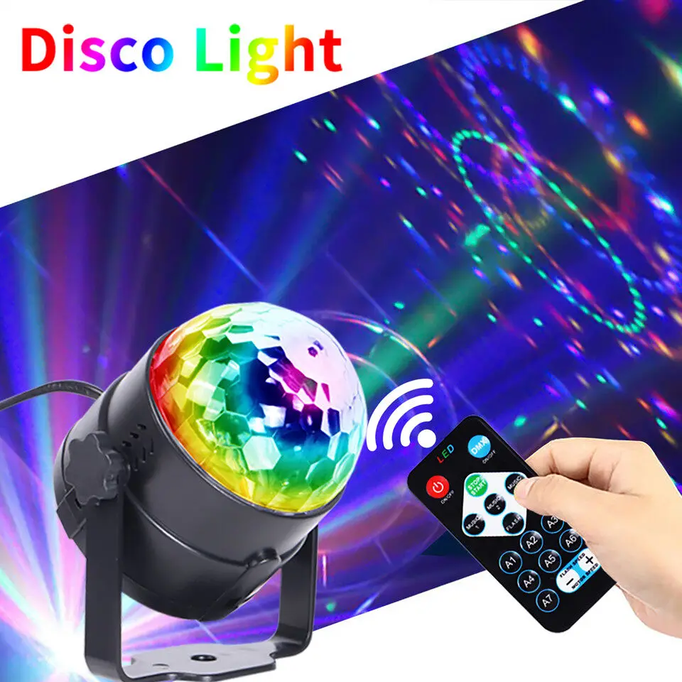 2023 NOVÝ RGB LED DJ DISCO BALL SVETLO SVETLO USB Power 7 Farba otáčania s diaľkovým ovládaním pre večierok Home Dance Auto