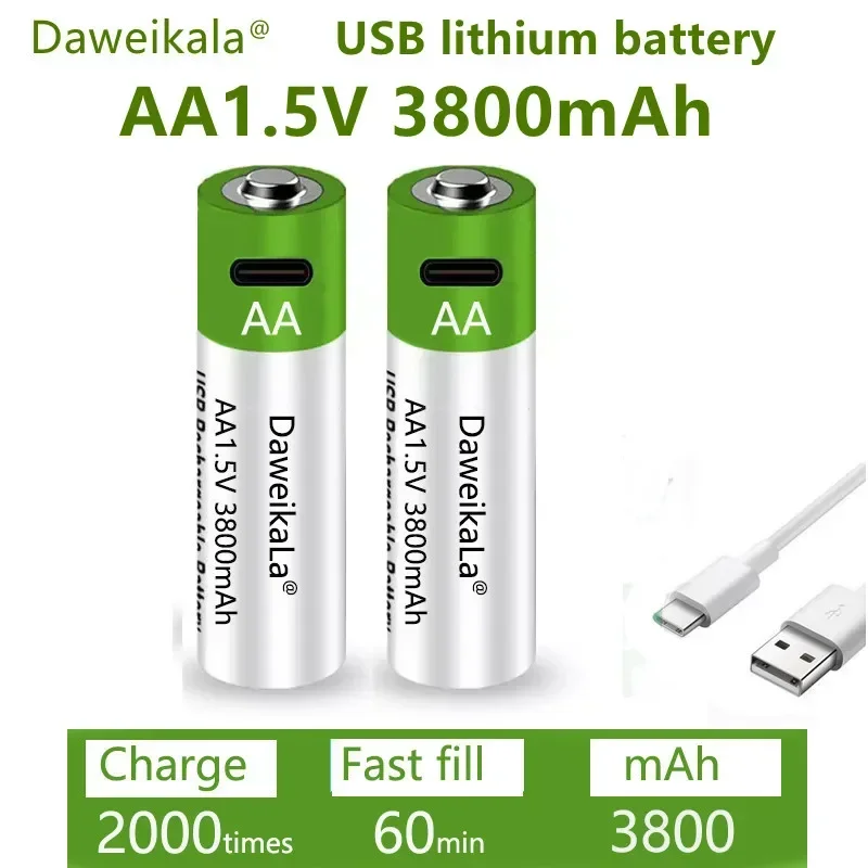 2023 NOVÝ USB 1,5V AA Nabíjateľná batéria 3800 MAH LI-ION BATTERS pre diaľkové ovládacie prvky Elektrická hračka myši batéria + kábel typu C