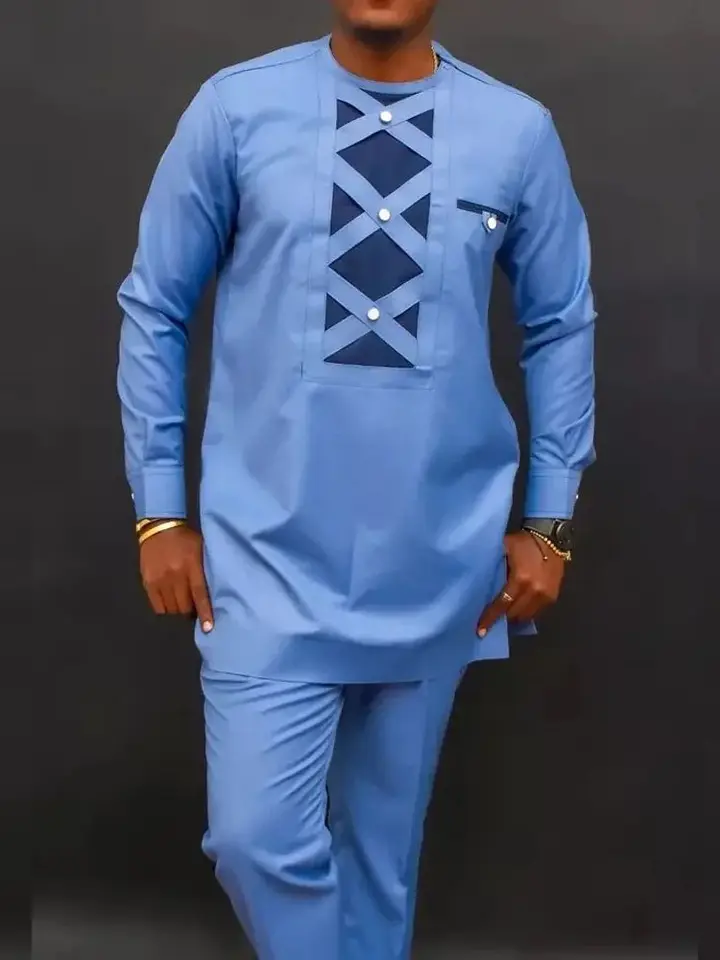 2023 Nový v svadobnej hostine Pánsky dvojdielny oblek Solid Color Stitching Slid Color and Pants Nastavuje africký etnický štýl pánske oblečenie