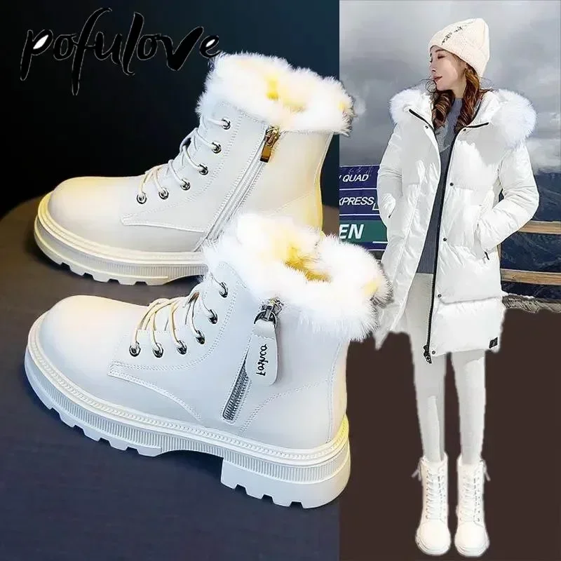 2023 Snehové topánky plyšové teplé stredné topánky dámske čierne a biele zima zahustené teplé snehové ploché topánky Zapatos mjer čierne bota