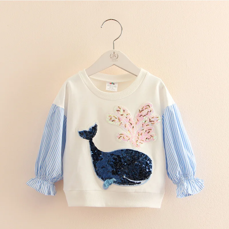 2023 Spring Autumn 2 3 4 5 6 7 8 10 rokov O-krk dlhý rukáv Glitter Cartoon Dolphin Color Patchwork Detské deti Dievčatá Mikina