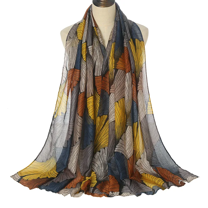 2023 Spring Fashion Ginkgo Biloba Froal Viskose Scarf Lady Print Voile Shawls and Wraps Pashmina Foulds Muslim Hidžab 180*80 cm