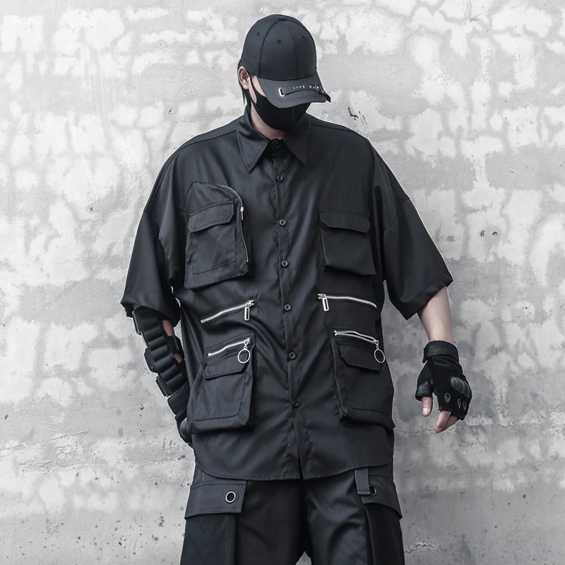 2023 viacerých vrecká taktických technologických odevov nákladný košeľa pánske gotické punk hip hop s krátkym rukávom Streetwear