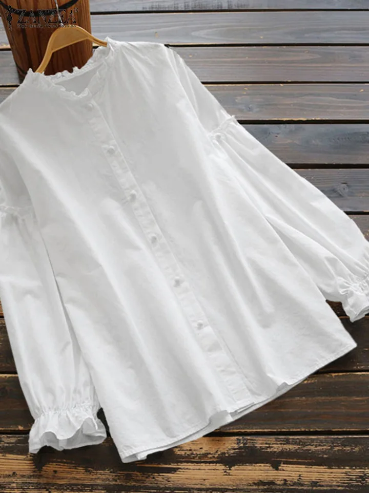 2023 Zanzea Ženy Jeseň Ruffles Tirt Cast Vintage s dlhým rukávom blúzka Žena bavlnené vrcholy Chamise Solid Button Down Blusas