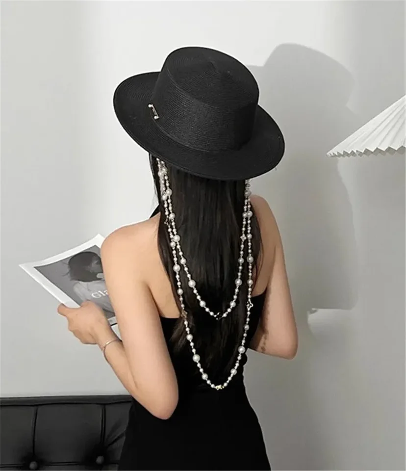 202311-shi ins elegantné dizajnér letný papier perlová stuha Lady Fedoras Cap Women Leisure Panama Jazz Hat