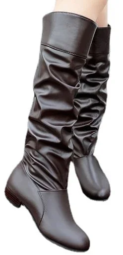 2023Shoes for Women Knee High topánky Červené čierne biele vysoké topánky Žena skladaná nízka päta Príležitostná koža Dlhá topánka
