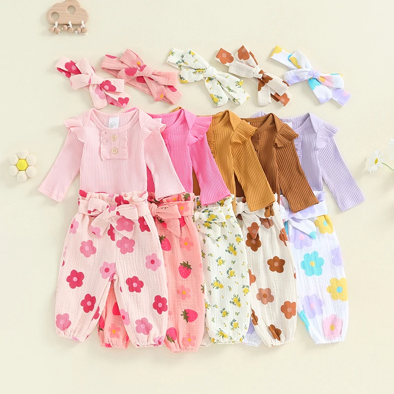 2024-06-04 LIORAITIIIN DETSKÉ DIEVČA 3KS Fall Outfits s dlhým rukávom rebrovaný Romper + kvetinové nohavice + čelenka sada detských odevov