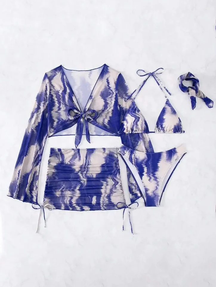 2024 5 kusov bikiny súpravy Ženy plavky Sexy plavky s vysokým pásom Vysoké oblečenie Žena Cover Up Swimwear Beachwear sukňa so šatkou