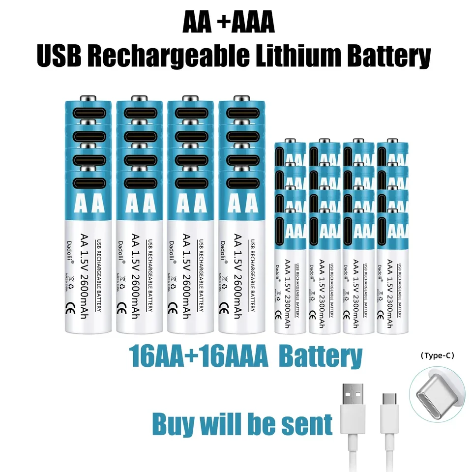 2024 AA AAA 1,5V Nabíjateľná batéria 2600 mah nabíjateľná lítium -iónová batéria AA 1,5 V USB Rýchle nabíjanie lítium -iónovej batérie